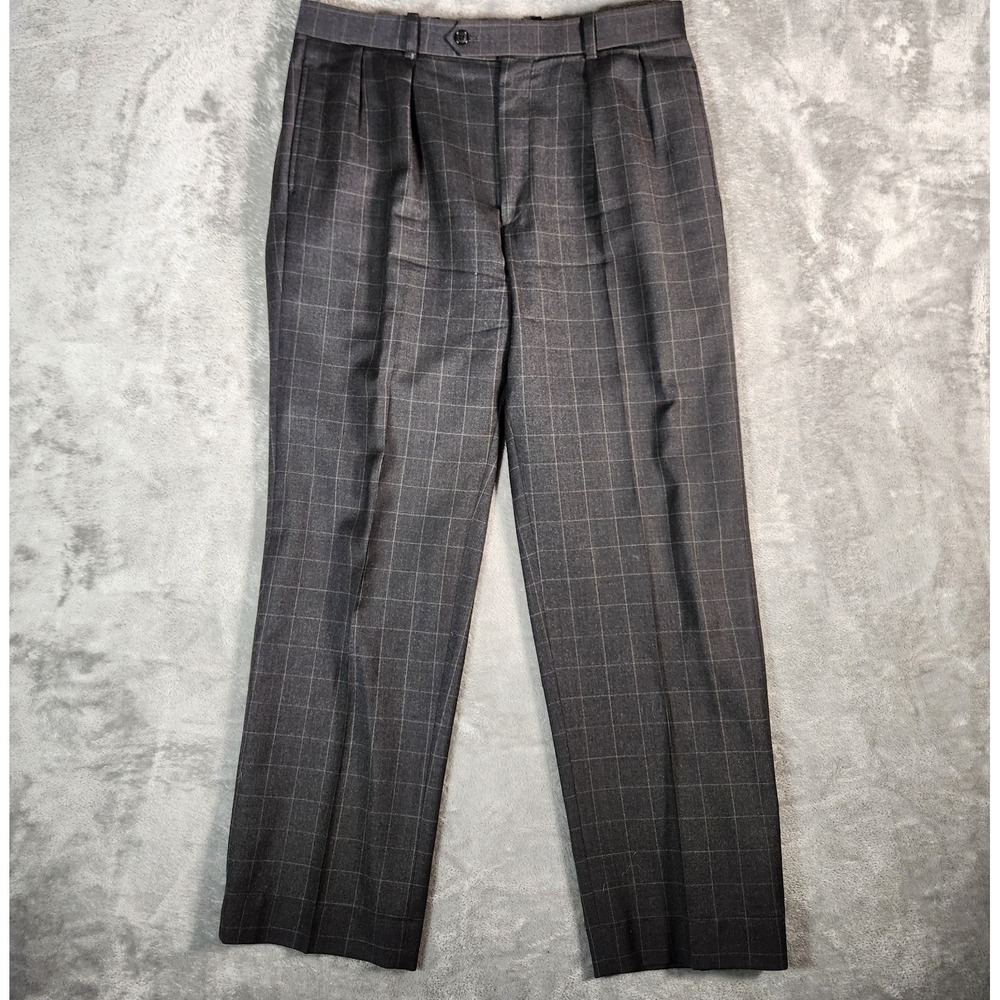 Harold Powell Pants Men's 34x29 Gray Window Pane Wool Flannel‎ Trousers Pleated